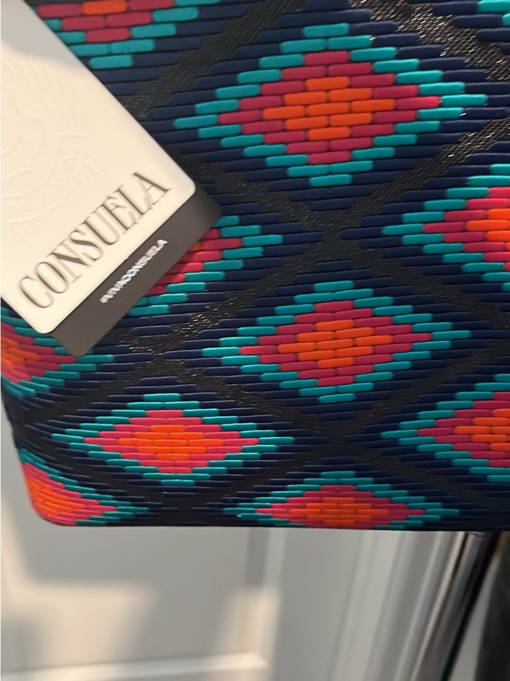 Consuela Navy Multicolor Diamond Woven Tote
